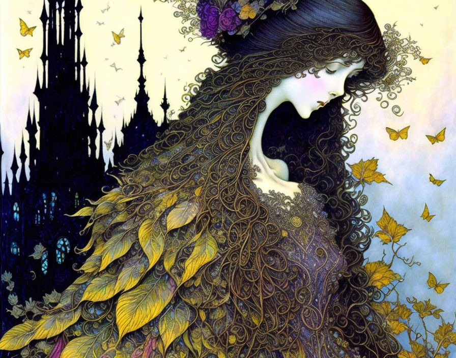 Woman with leaf-patterned hair and butterflies in front of Gothic spires