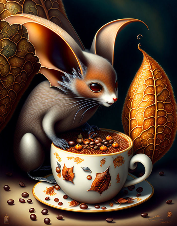 Anthropomorphic squirrel in ornate cup with coffee beans and golden leaves