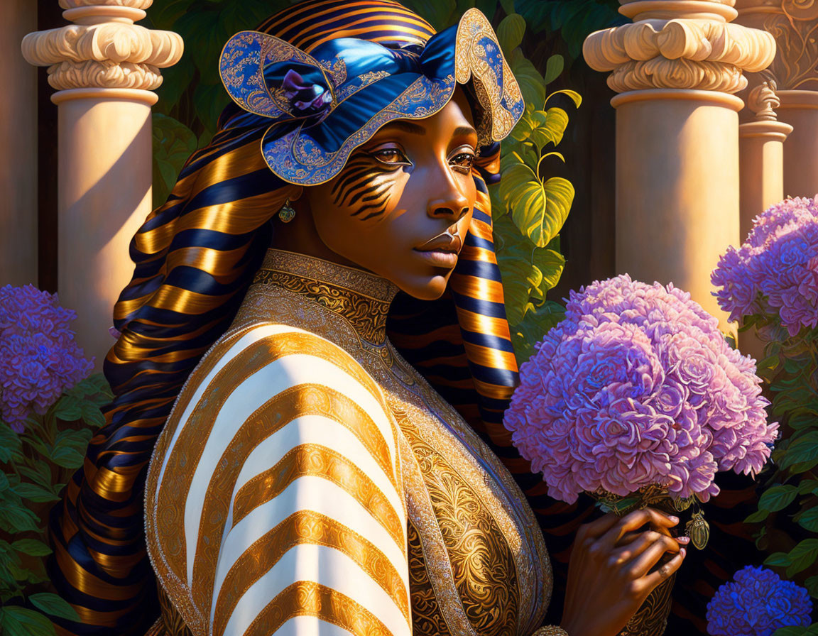 Digital Artwork: Woman with Striped Body Paint and Golden Attire Among Hydrangeas