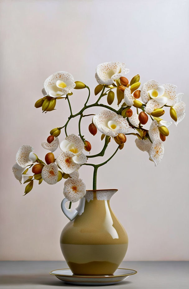 Spotted white orchids in cream and brown vase on matching plate