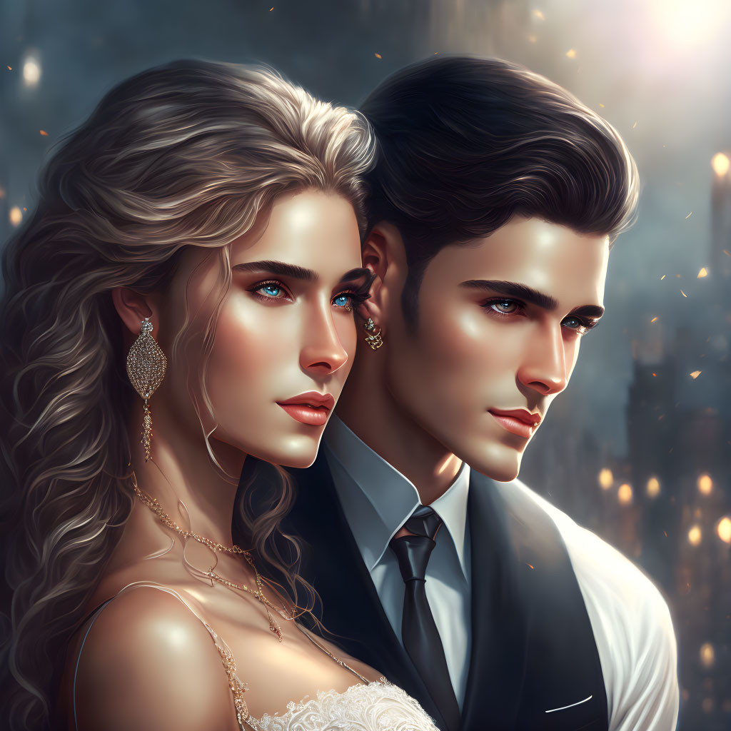 Man and woman in formal attire with idealized features against twinkling lights.