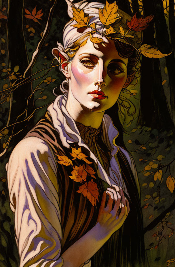 Illustrated portrait of woman with autumn leaves in hair, in forest with dramatic lighting