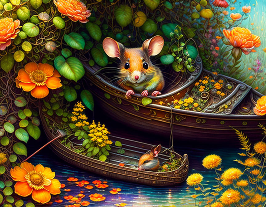 Colorful Illustration: Large Mouse in Canoe with Smaller Mouse among Flowers