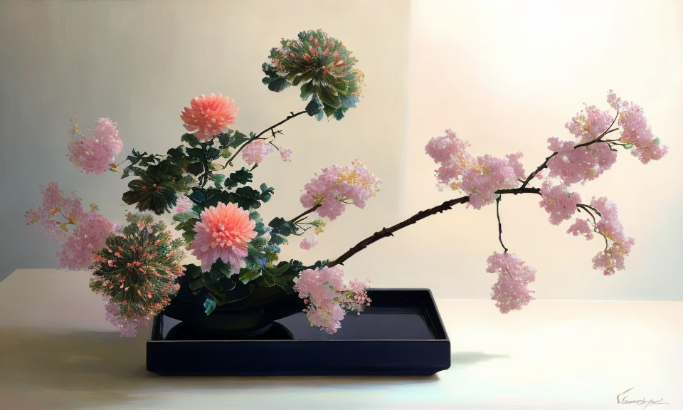 Traditional Japanese Ikebana Still Life Painting with Pink Blossoms