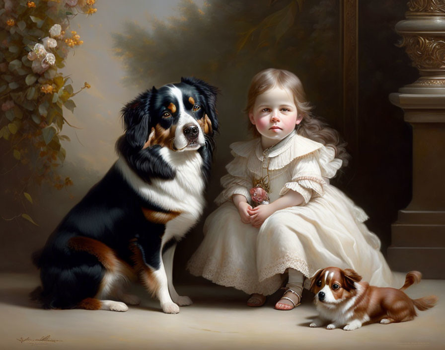 Young girl in cream dress with Bernese Mountain Dog and puppy in front of floral backdrop.