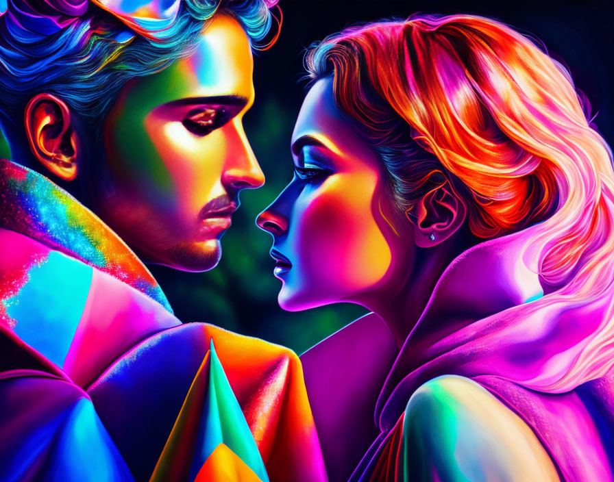 Colorful portrait of man and woman in neon hues