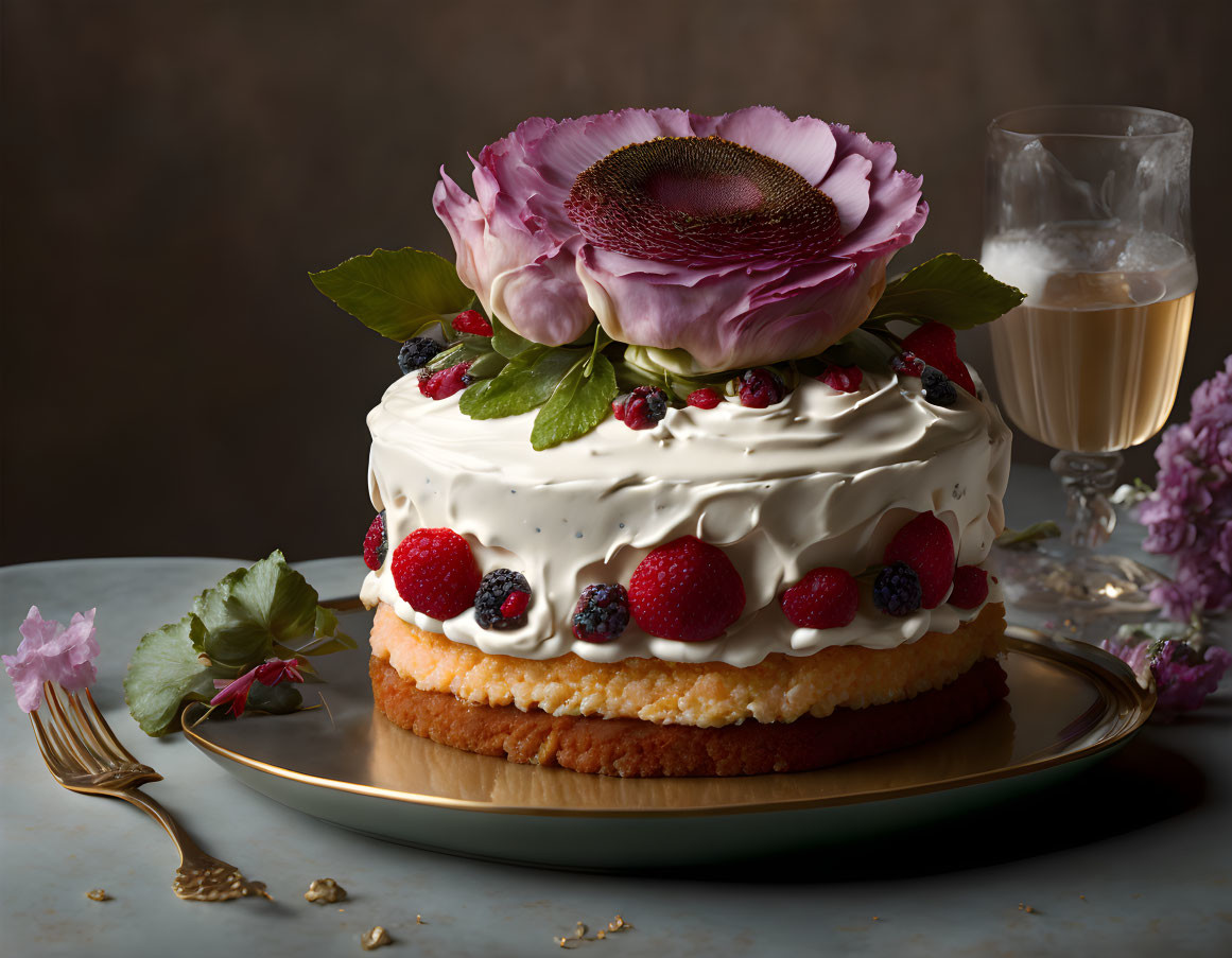 Elegant cake with white frosting, red berries, pink flowers, and mint leaves on gold-rim