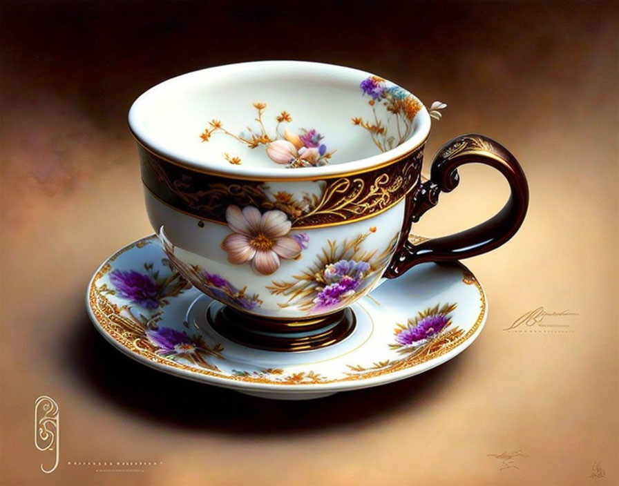 Floral-patterned porcelain teacup on gold-trimmed saucer