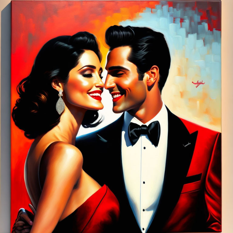 Stylized painting of man in red blazer and woman with earring smiling at each other