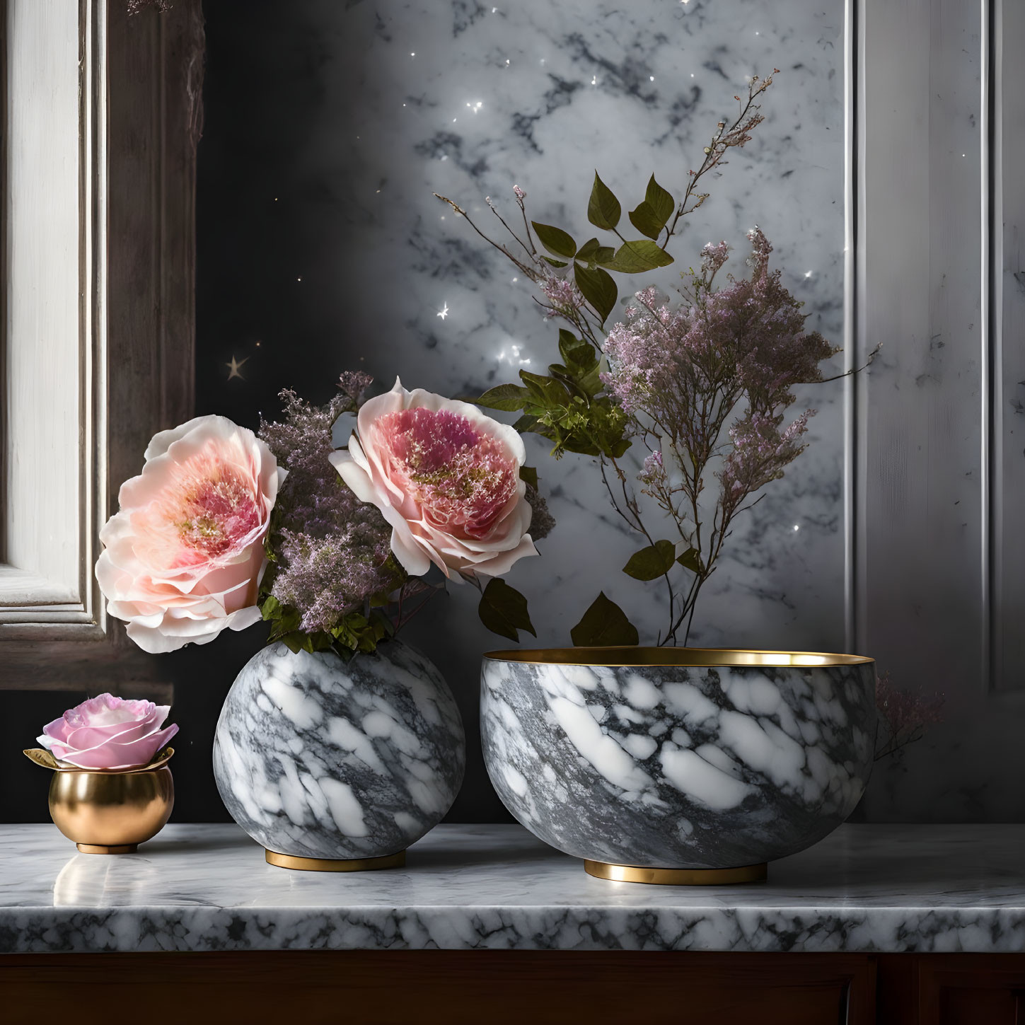 Marble vases with gold accents, pink roses, purple flowers on countertop