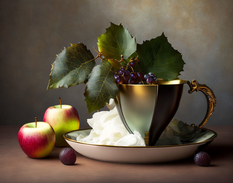 Golden cup, grapes, leaves, apples, and berries still life composition.