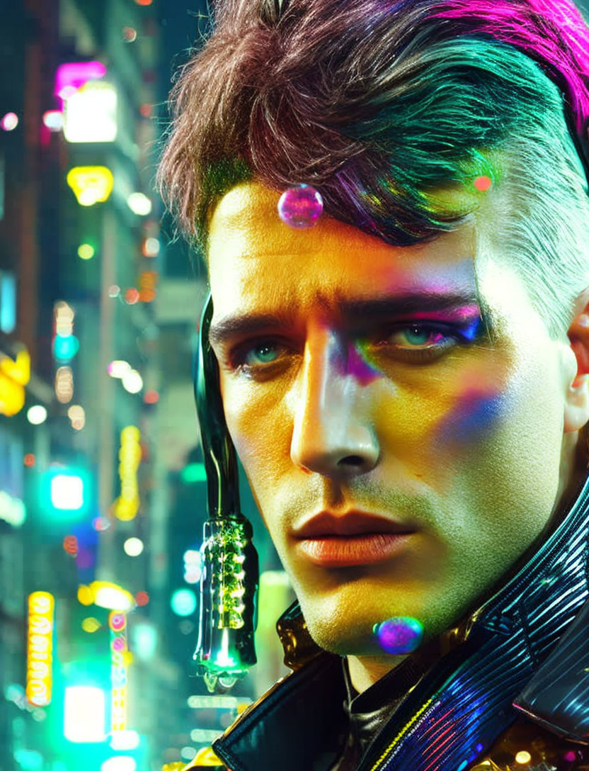 Colorful lights reflect on man's face in neon cityscape portrait.