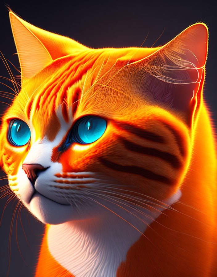 Colorful Digital Art: Orange Cat with Blue Eyes and Intricate Fur Patterns