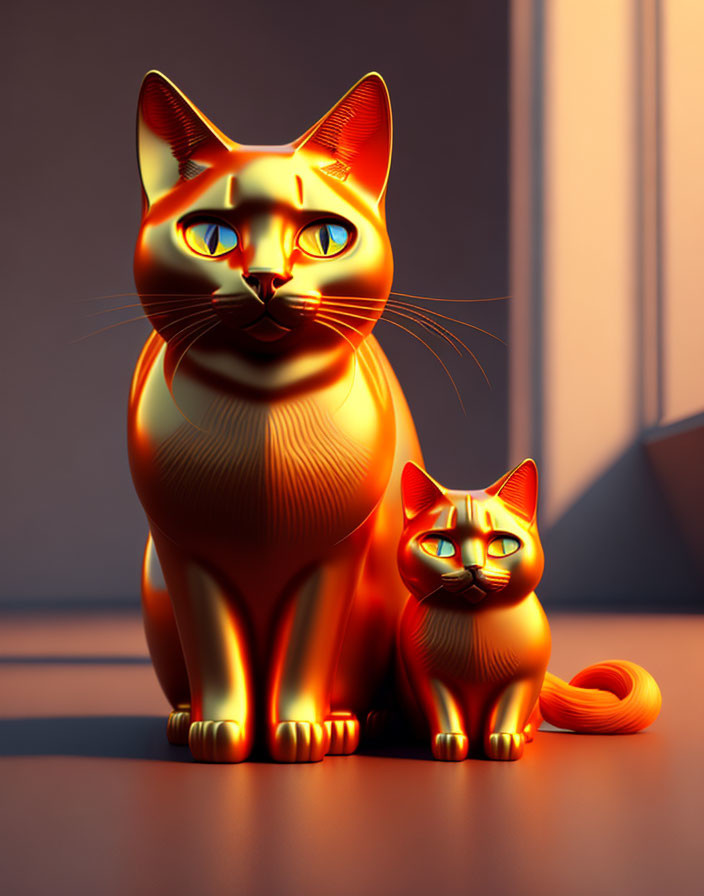 Two metallic-orange cats sitting side by side on a warm, sunlit surface