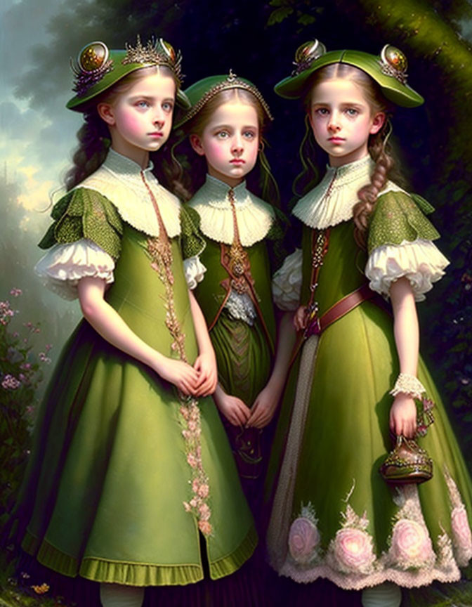 Elaborate Green Period Dresses with Gold Detailing in Dimly Lit Forest