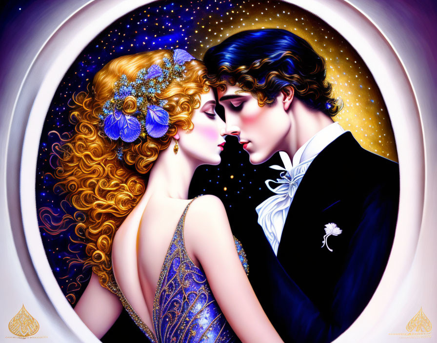 Vintage formal attire illustrated couple in romantic embrace with stars circle.