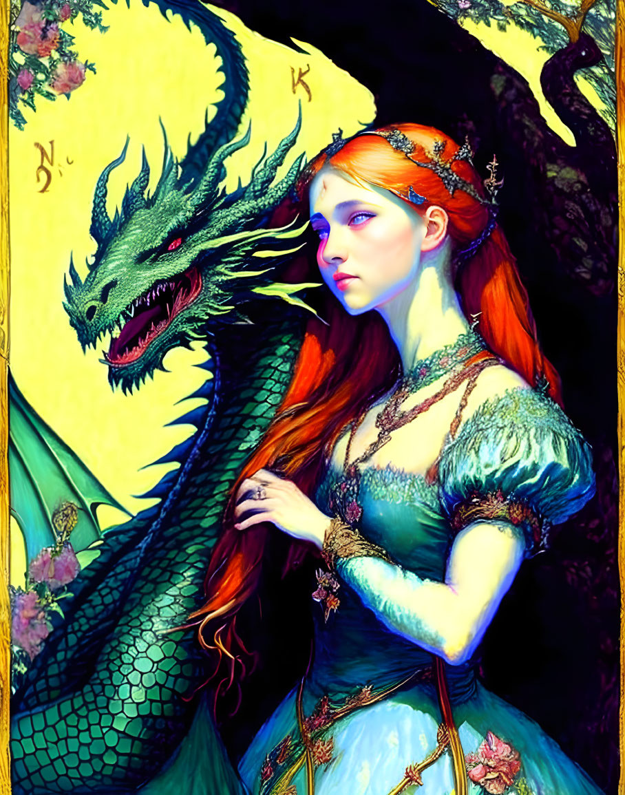 Illustration of Red-Haired Princess with Dragon in Blue Dress