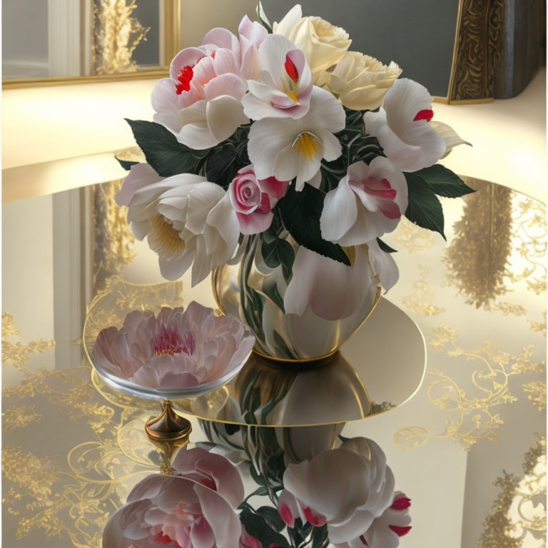 Pink and White Flower Bouquet on Golden Reflective Table with Ornate Designs