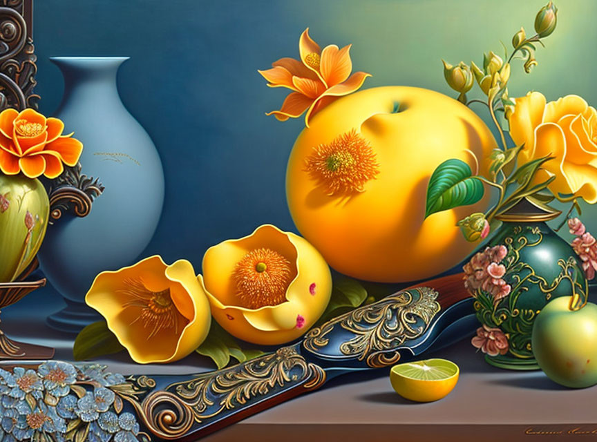 Colorful Still-Life Painting with Yellow Fruit, Flowers, Blue Vase, and Ornate Knife Handle