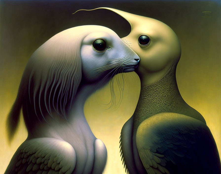 Surrealist painting: Seal-like creatures with human-like eyes on warm-toned background