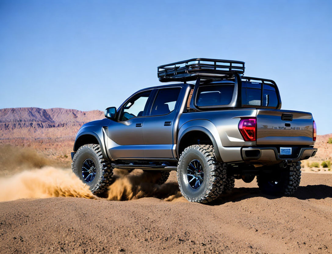 Silver Pickup Truck with Roof Rack Driving on Dusty Desert Road