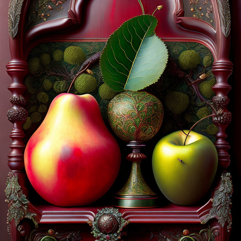 Detailed Still Life Painting: Red Pear, Patterned Apple, Green Apple on Pedestal.