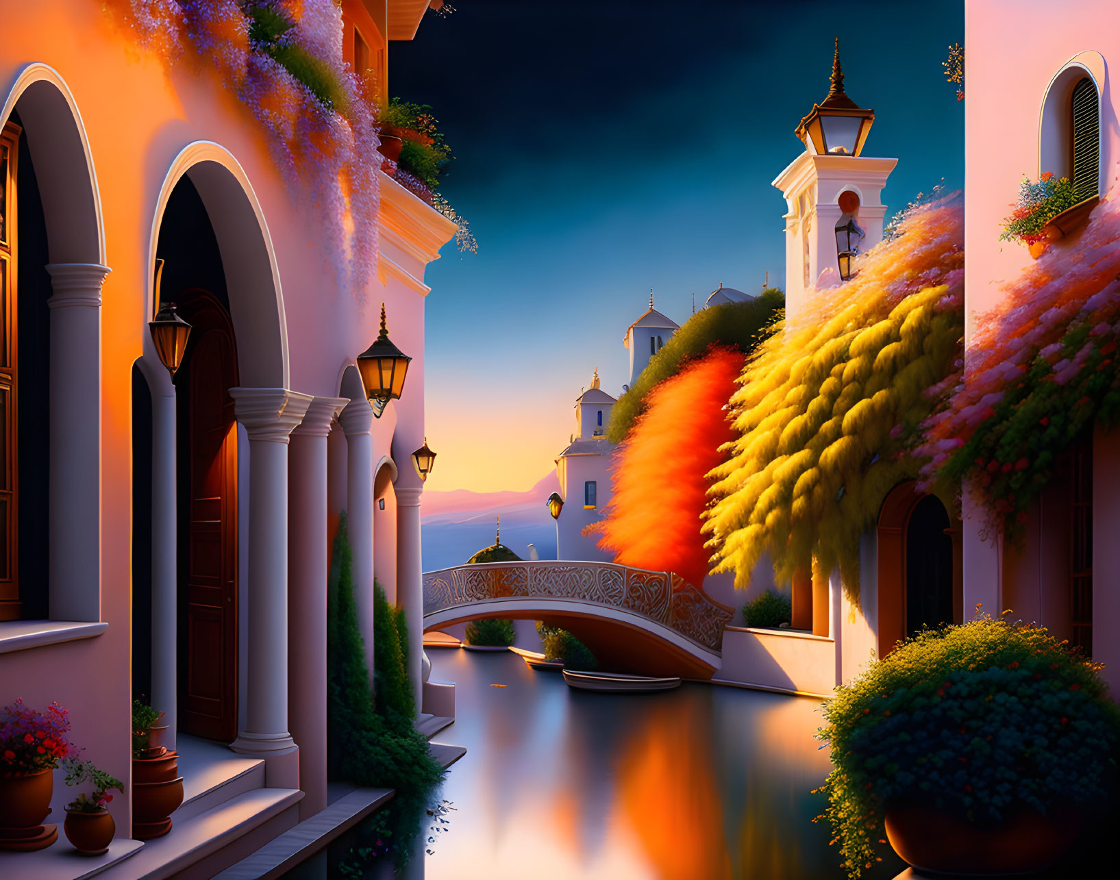 Serene canal with arched bridges and blooming flowers at twilight