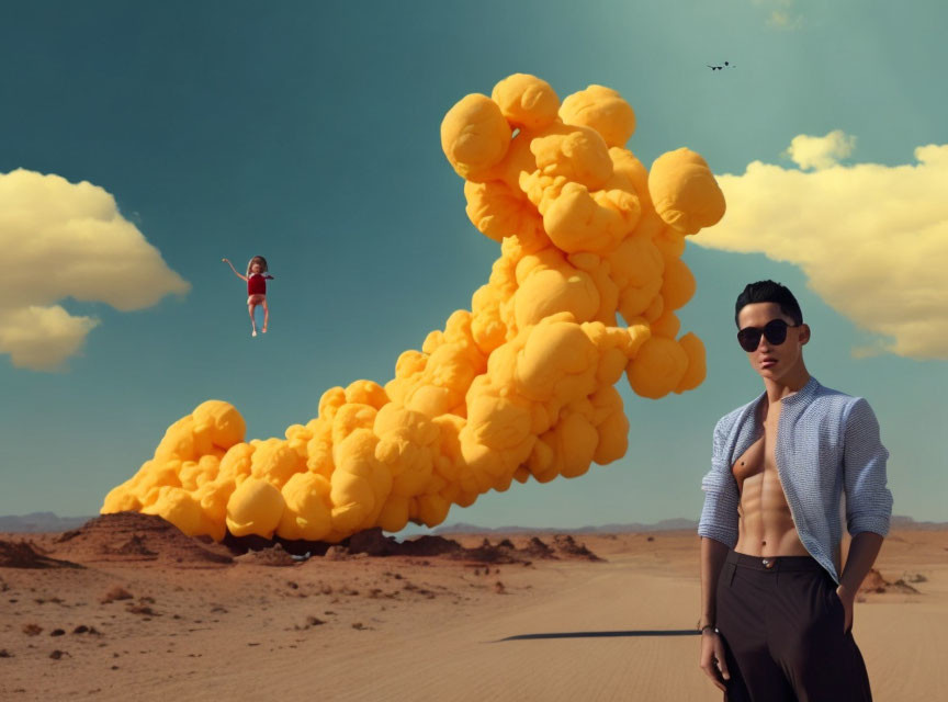 Man and woman with fiery orange smoke in desert under clear sky.