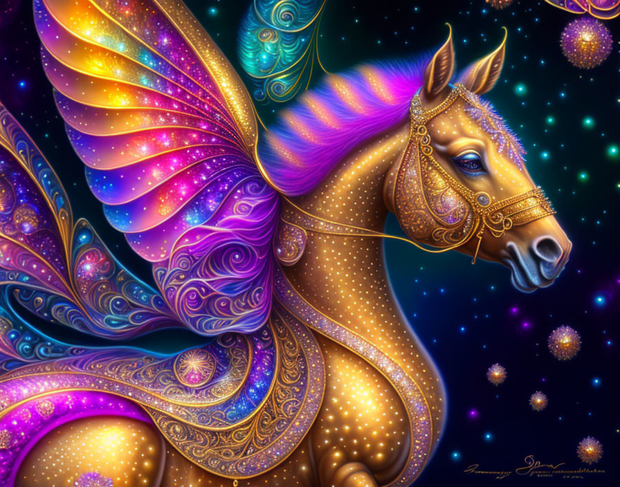 Mythical winged horse digital artwork with golden details