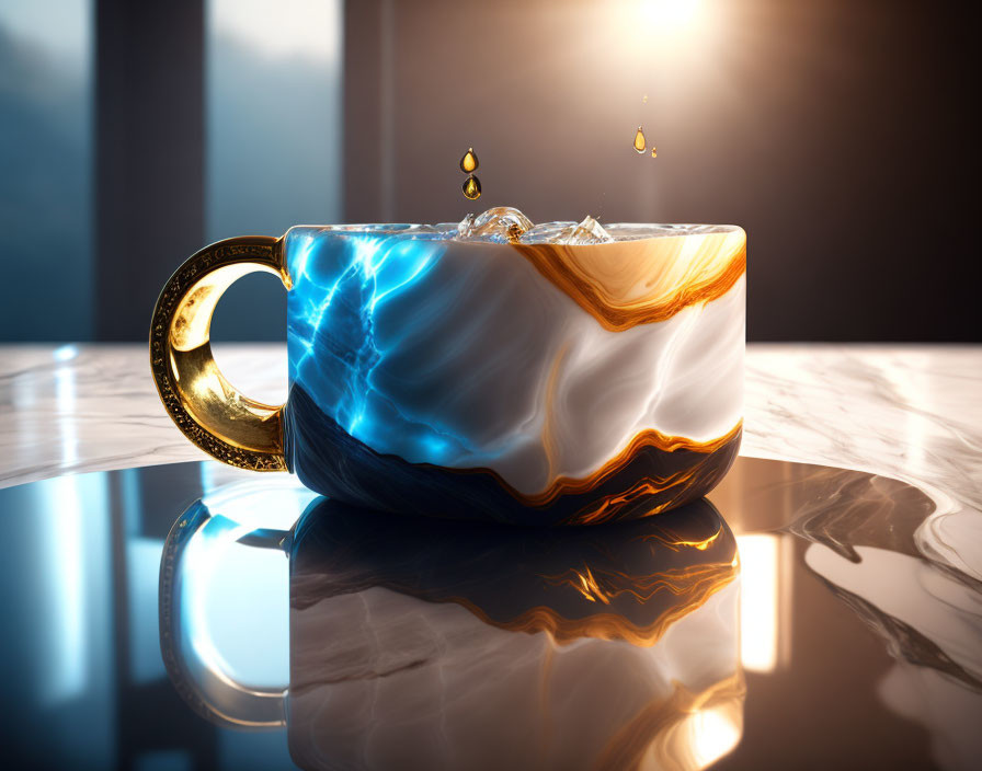 Luxurious Marbled Coffee Cup with Golden Handle and Glowing Liquid Reflections