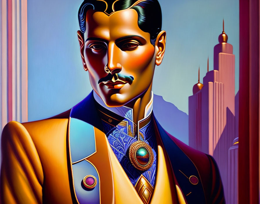 Colorful Art Deco man in suit with skyscrapers background