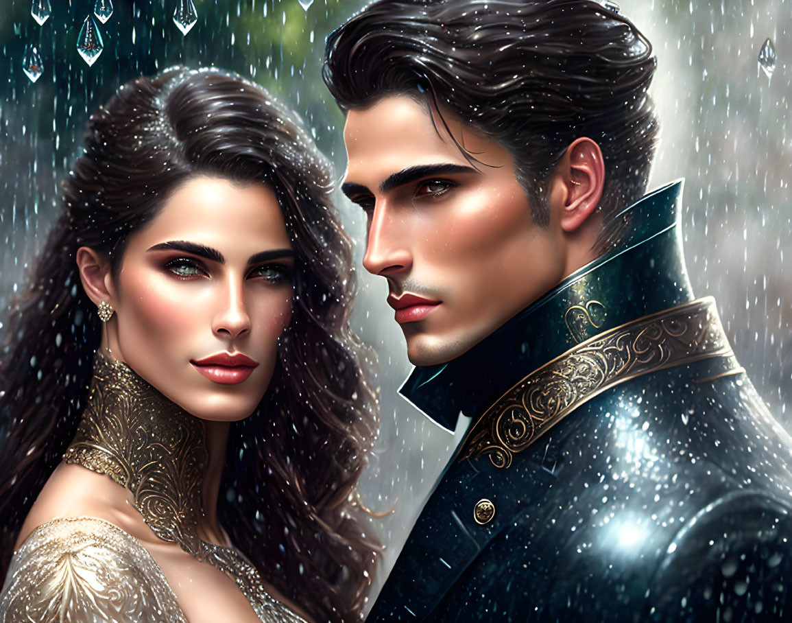 Stylized digital artwork of an elegant couple in intricate clothing, posed under gentle rainfall