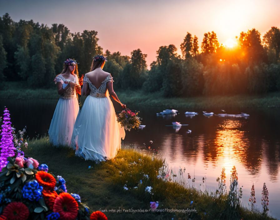 Two Women in White Dresses by River at Sunset with Flowers and Swans