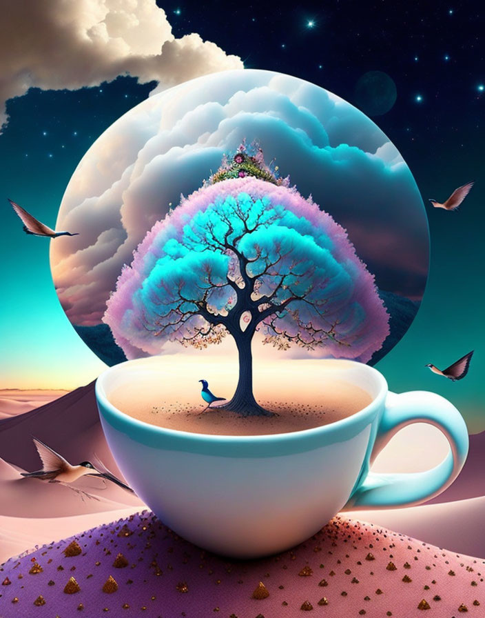 Surreal image: vibrant tree in coffee cup under cosmic sky