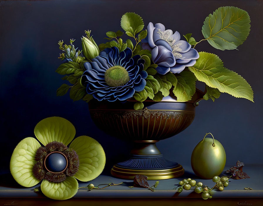 Classic Still Life Painting: Dark Vase, Blue Flowers, Green Fruits