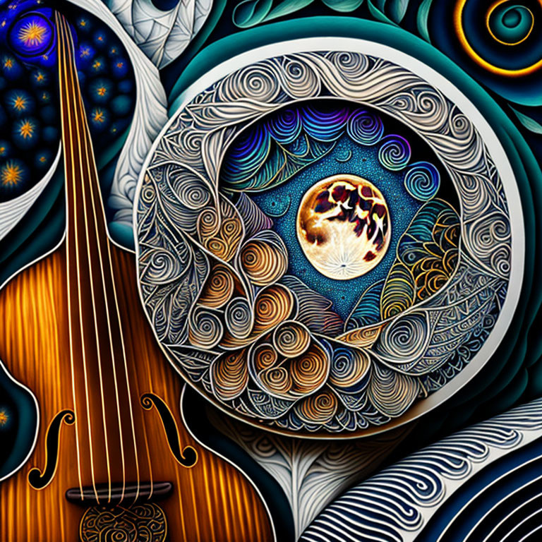 Abstract Guitar Artwork with Moonlit Night Sky in Circular Frame