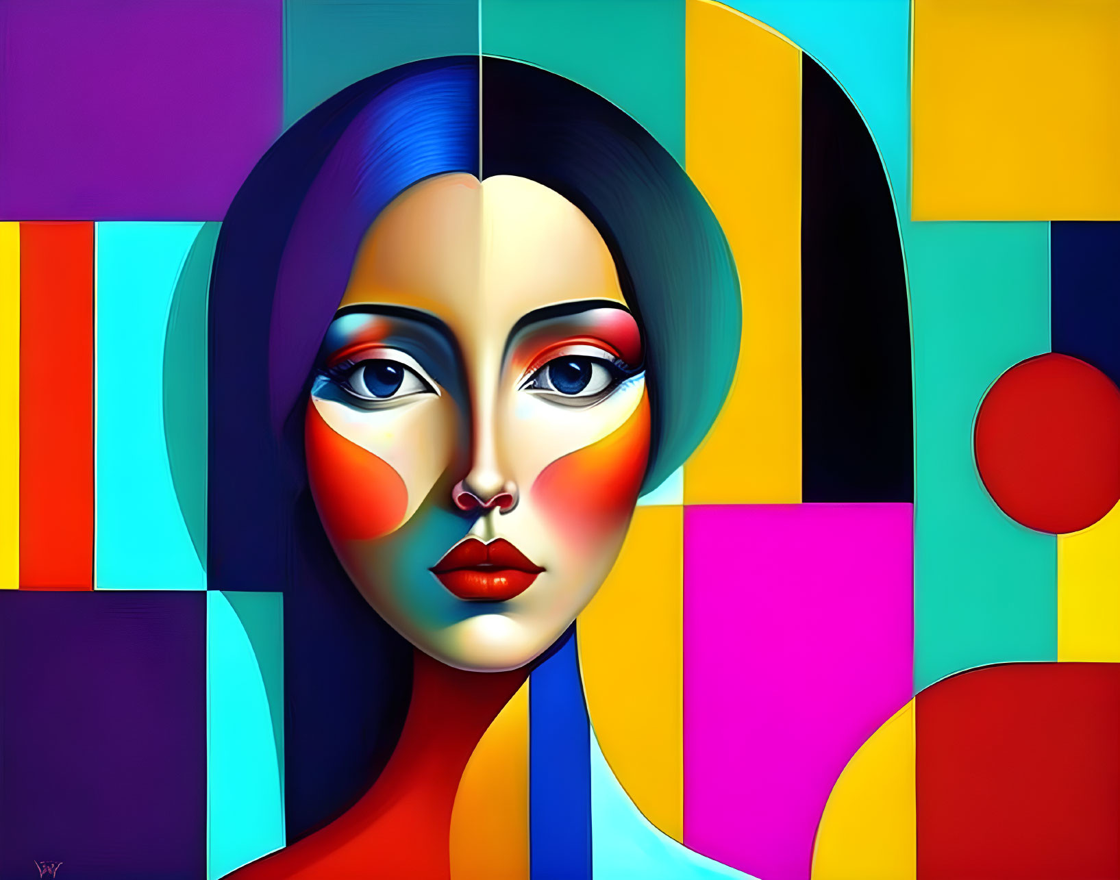 Colorful Cubist-Inspired Portrait of Stylized Woman