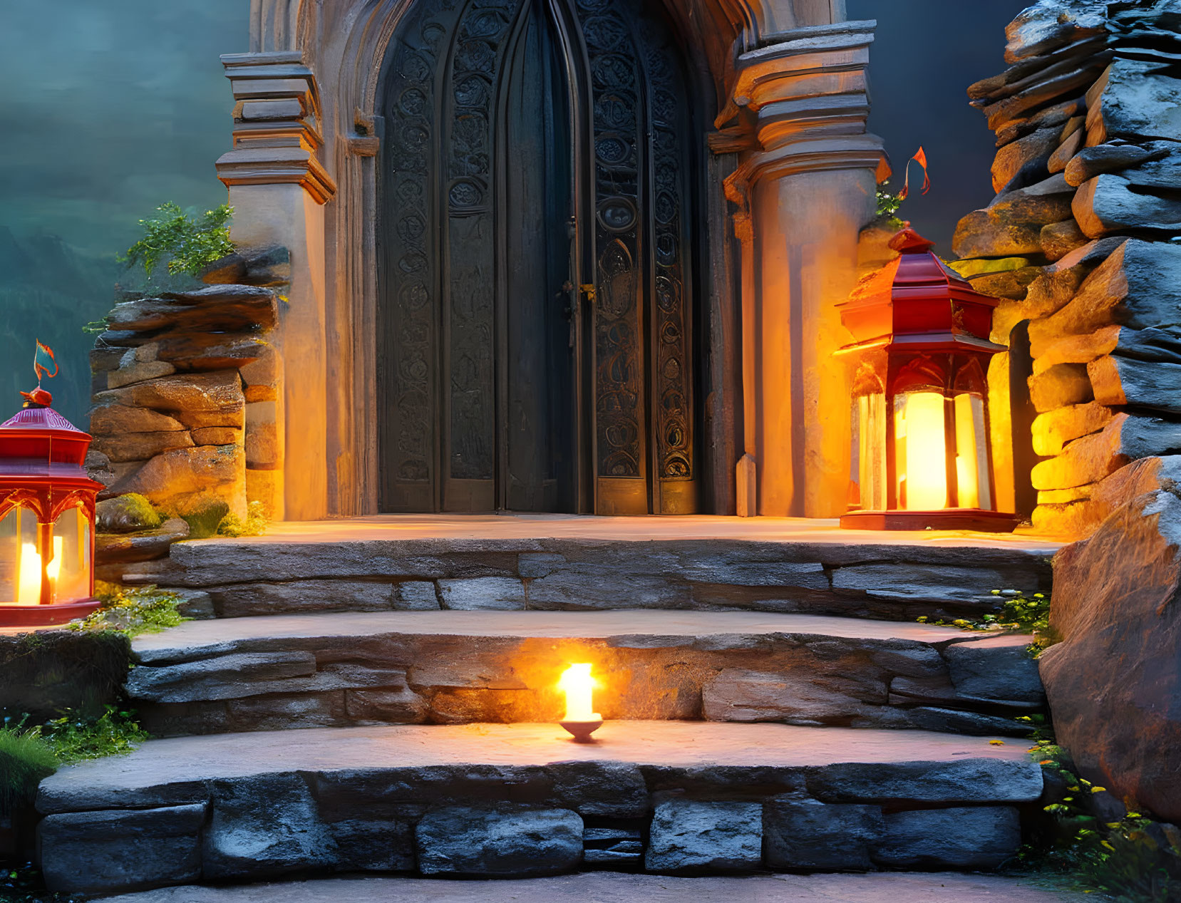 Stone steps illuminated at dusk with red lanterns by ornate door