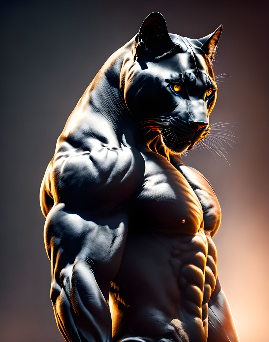 Muscular black panther with yellow eyes in heroic pose against warm glow