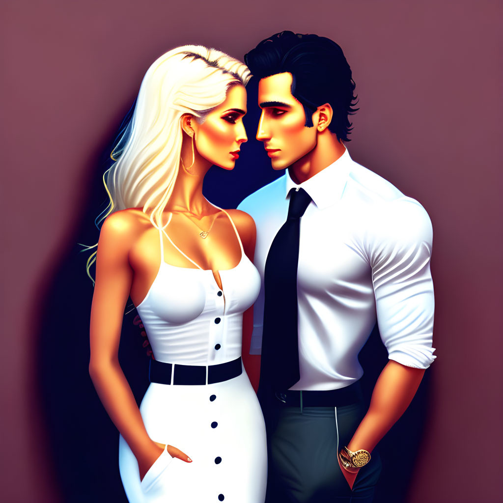 Stylized woman with blonde hair and man in dark hair and white shirt together