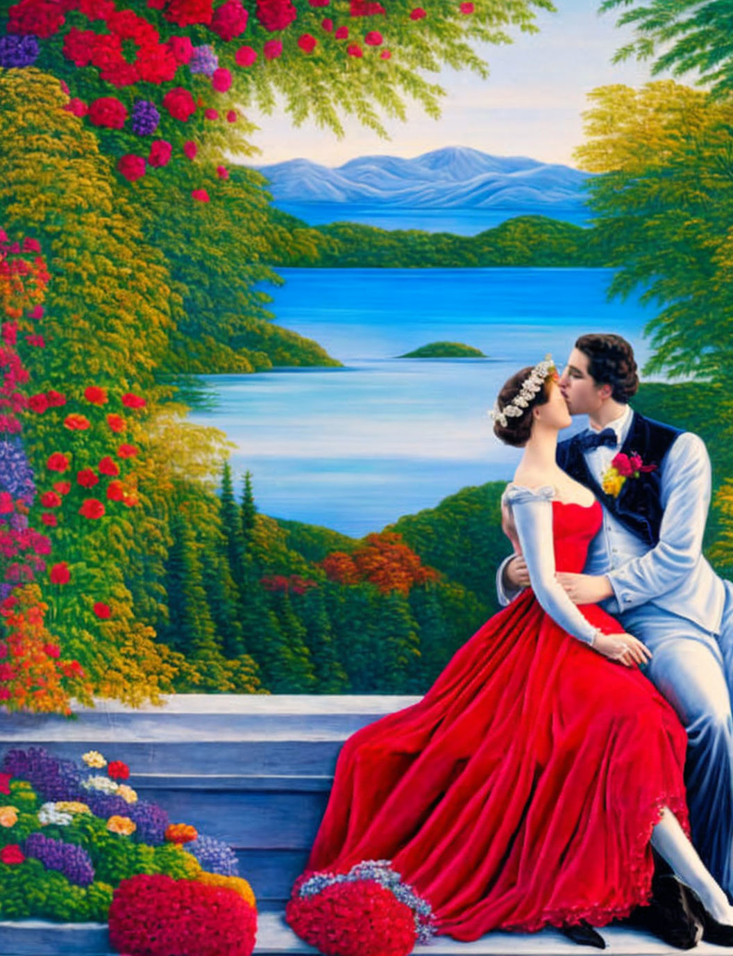 Couple in formal attire kissing on balcony overlooking lake and mountains.