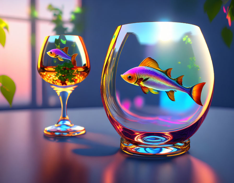 Wine glasses with water, fish, indoor plants, and window light