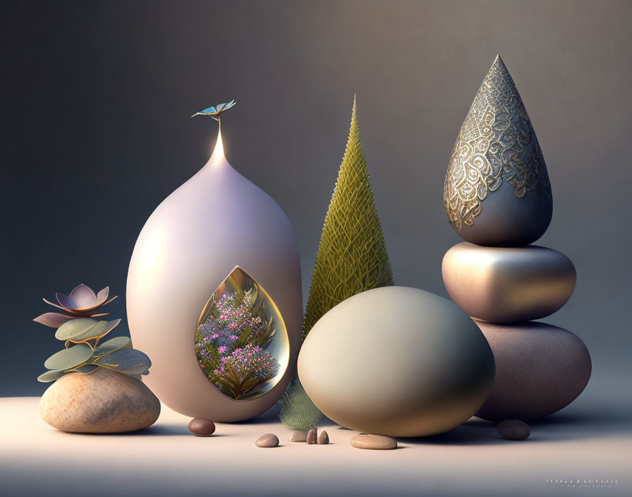 Ornate eggs, stones, bird, and plants in serene still life.