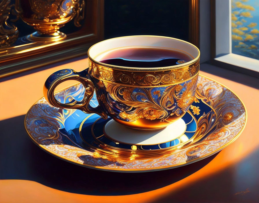 Gold-trimmed cup and saucer with tea in sunlight by window