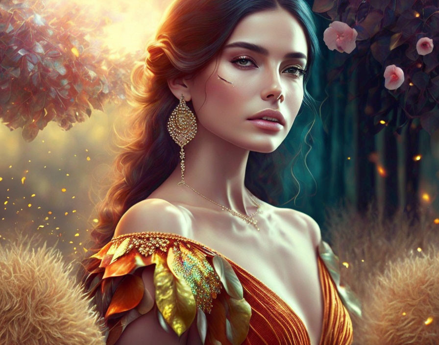 Portrait of woman with elegant makeup and golden leafy shoulder decor in fantasy backdrop.