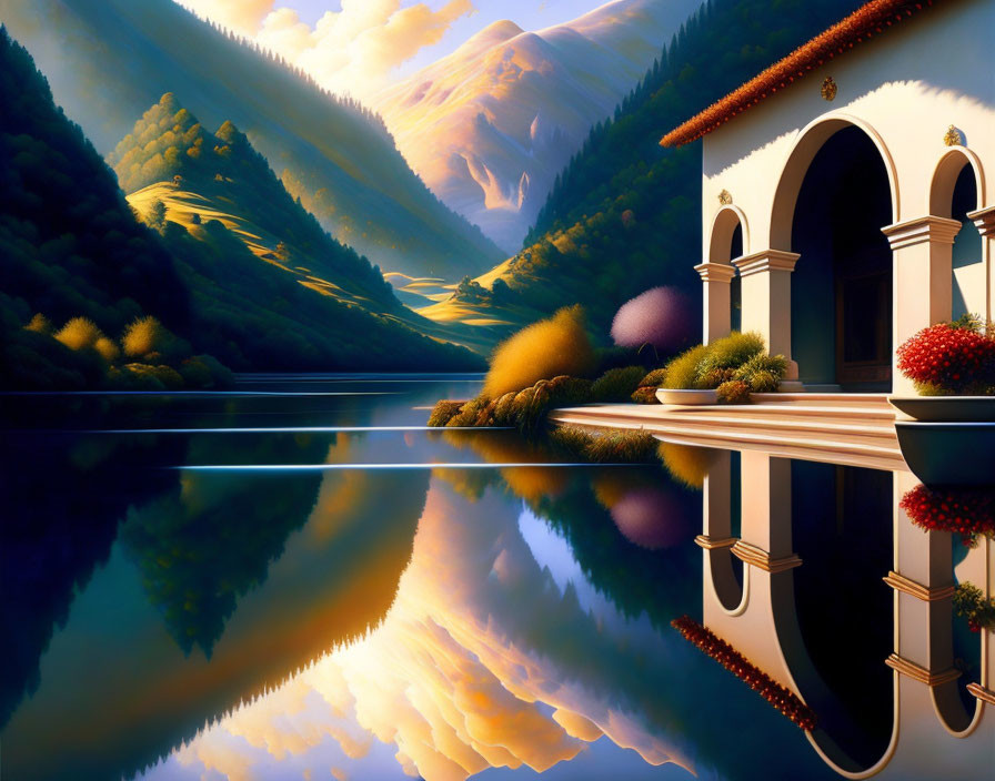 Scenic lake view: villa with arches, lush mountains, warm sunlight