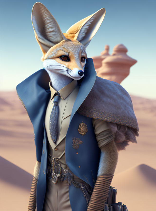 Fox in formal uniform with cape in desert setting