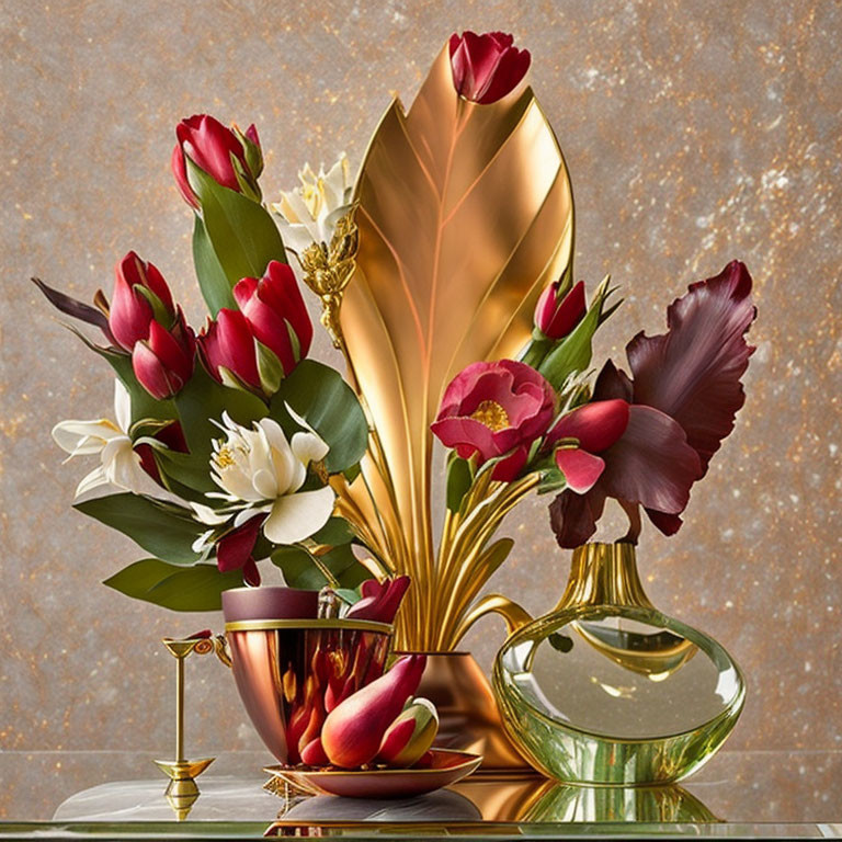 Red tulips and white blossoms in metallic vase with golden leaf sculpture and glass vase