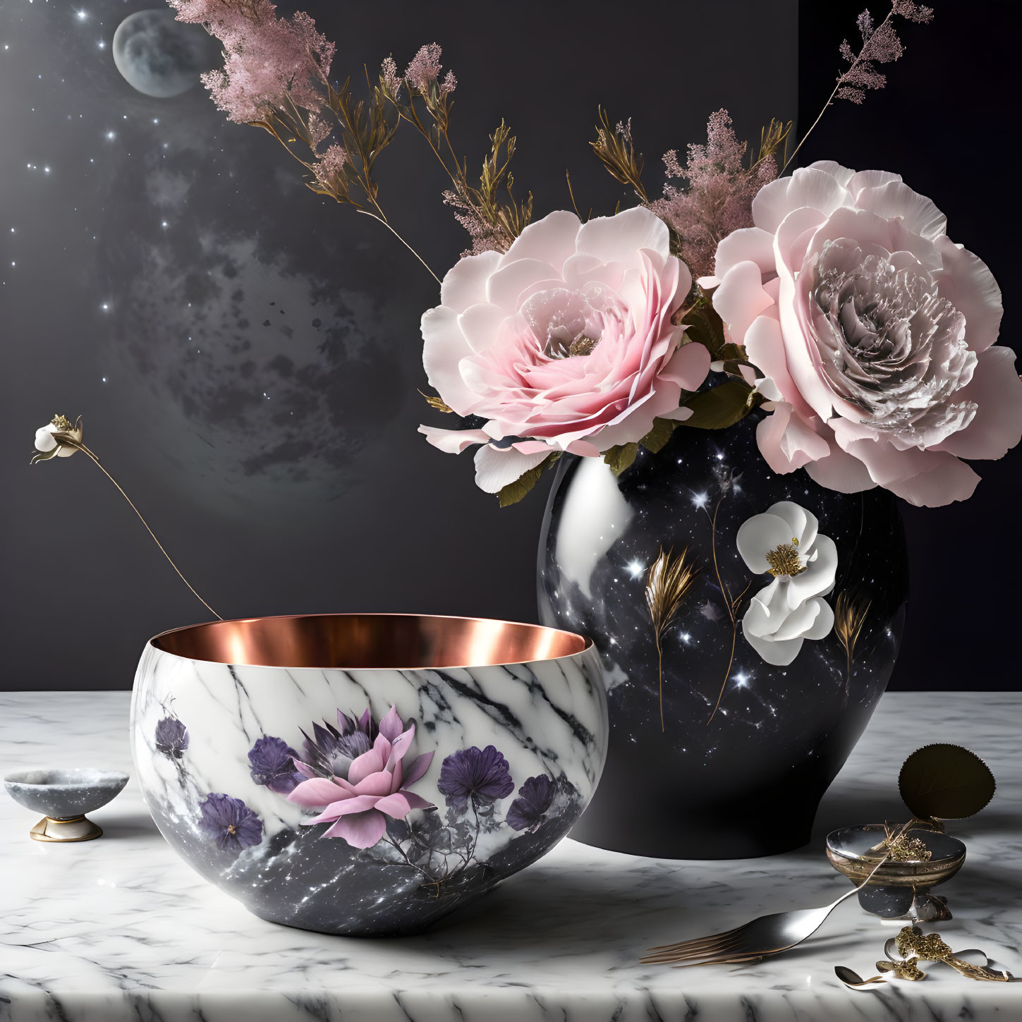 Luxurious Table Setting with Marble Bowls, Copper Accents, Pink Flowers, and Moonlit Sky