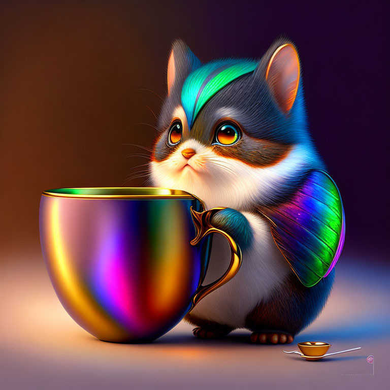 Adorable cartoon kitten with large eyes next to iridescent cup